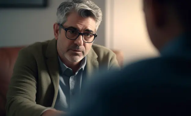 What-to-Look-for-in-a-Bipolar-Rehab-Center a person with short hair and glasses talks to a therapist in a bipolar rehab center