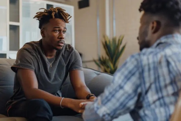 a man communicating with his adult child about mental health