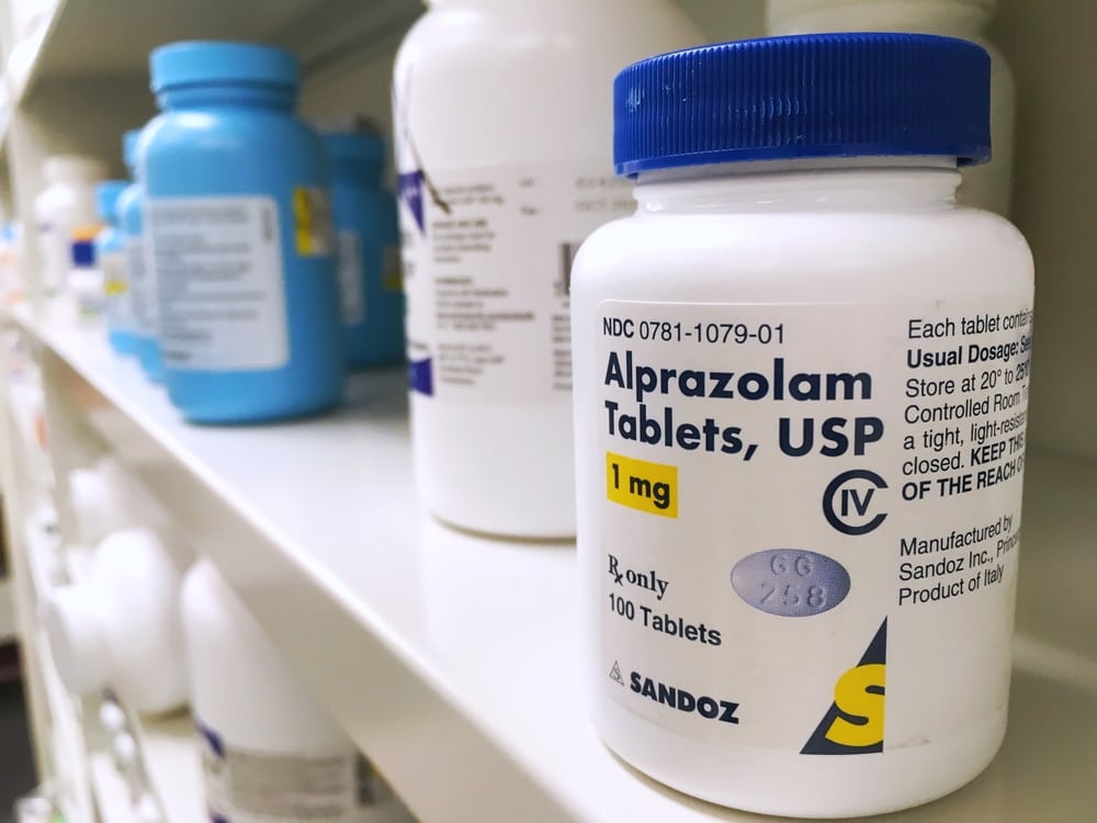 A bottle of alprazolam on a shelf