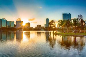 Orlando, Florida, USA, downtown city skyline from Eola Park.