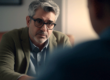 a person with short hair and glasses talks to a therapist in a bipolar rehab center