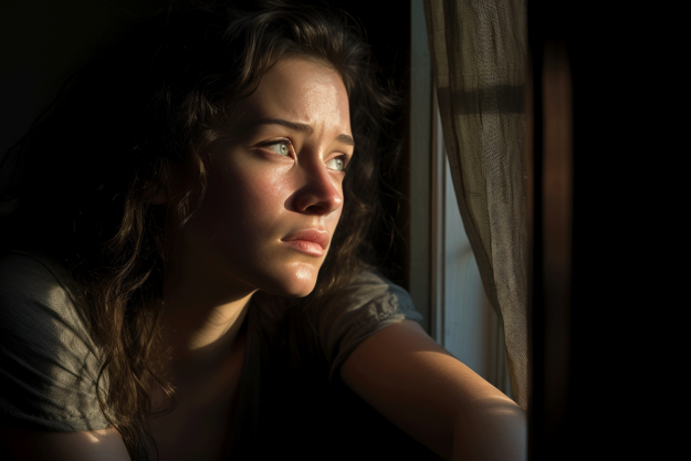 a person with long hair looks out a window wondering if they need a residential trauma treatment programs