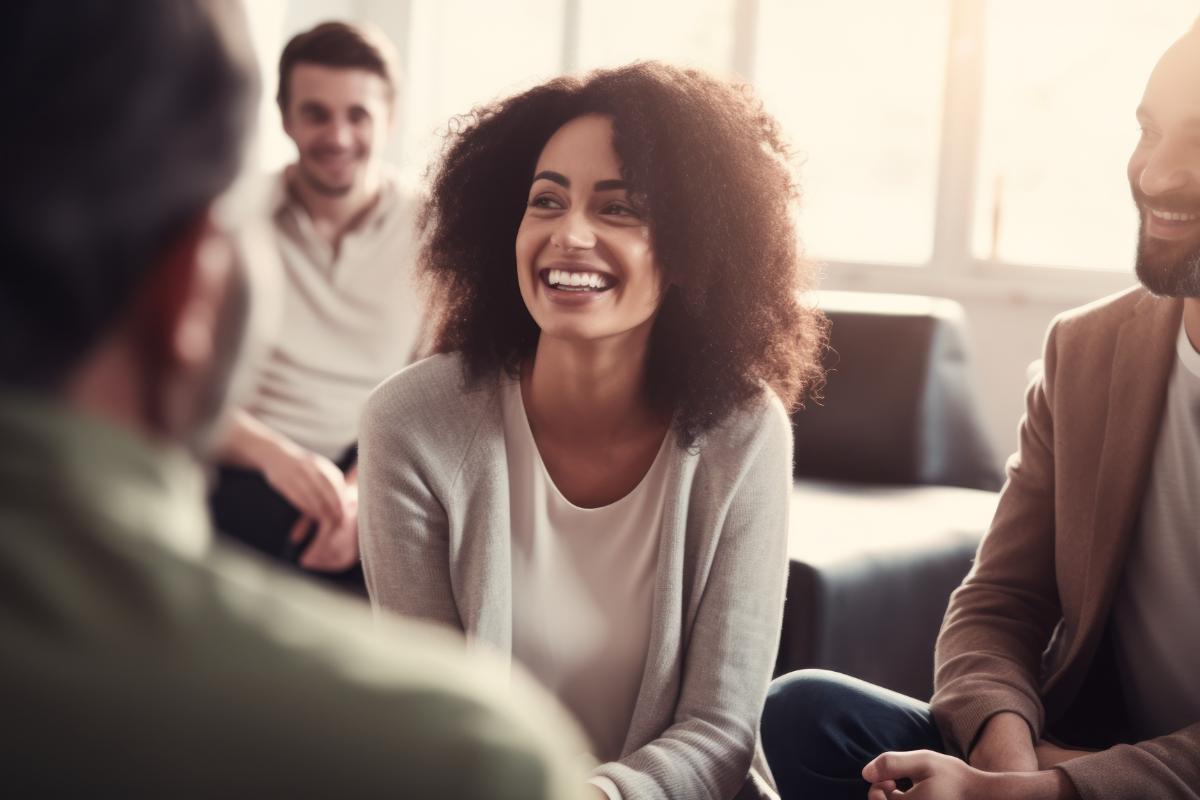 a group of people sit and smile while seeing the benefits of residential mental health treatment