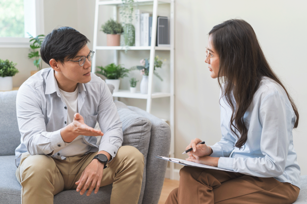 a patient talks to a therapist at a treatment centers for depression and anxiety