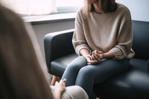 a person folds their hands and sits on a couch while they talk to a therapist in a schizophrenia treatment program