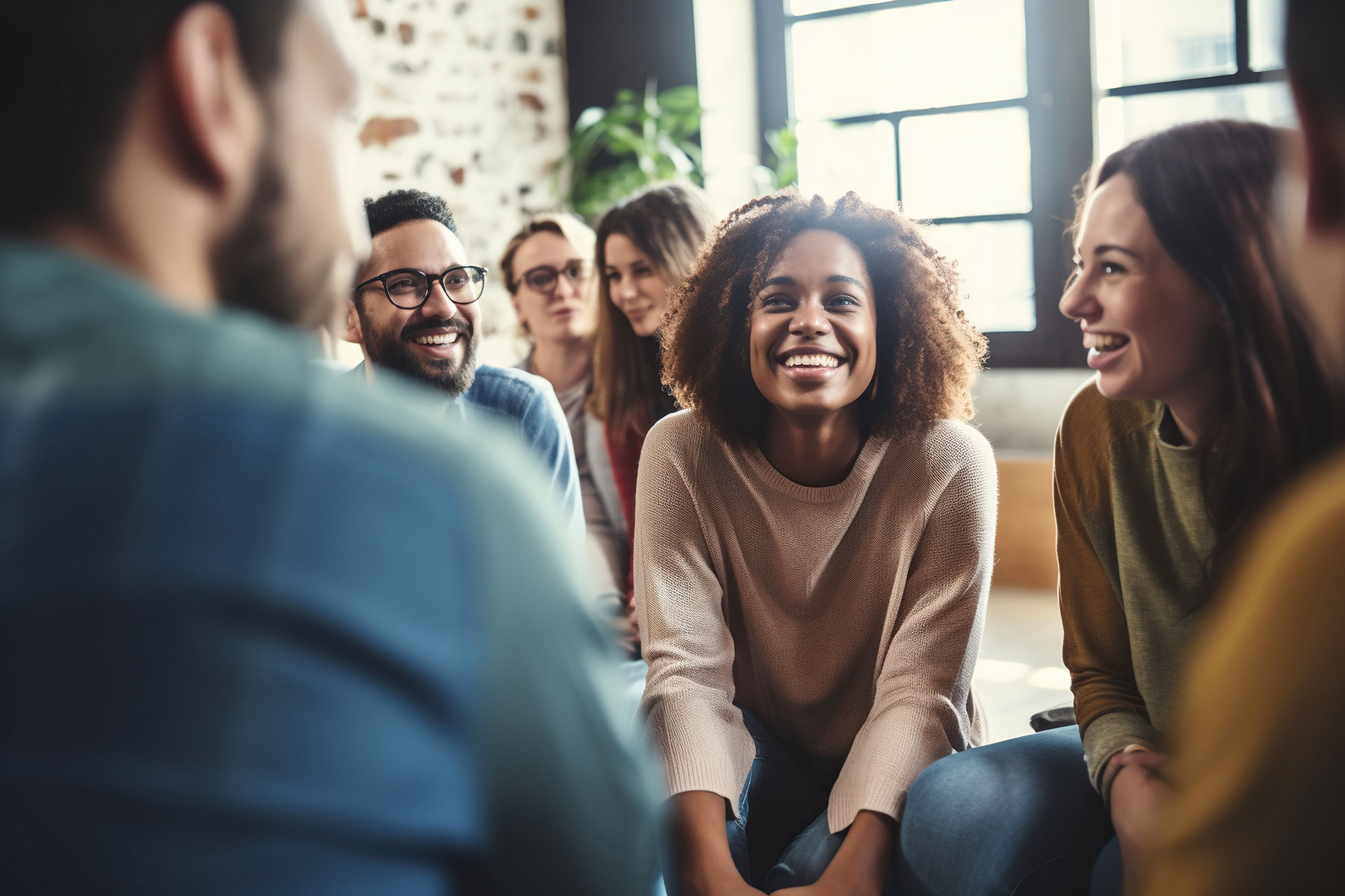 a group of people sit on the floor and smile during one of the holistic inpatient treatment centers