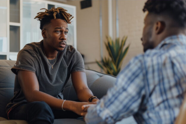 a man communicating with his adult child about mental health