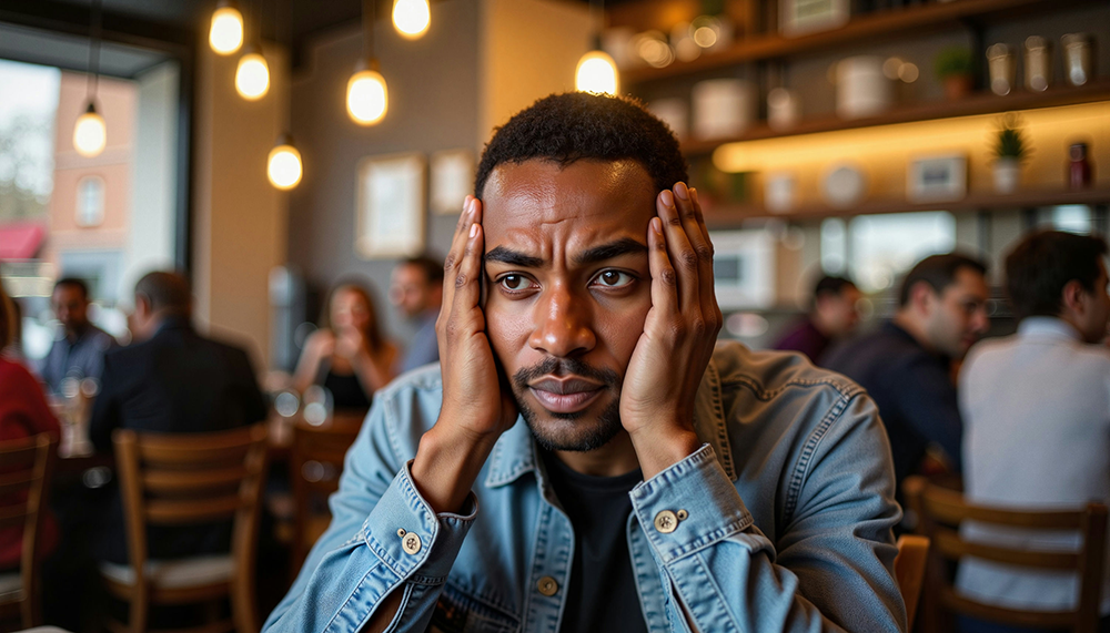 Individual experiencing social anxiety in a public space, illustrating discomfort in social settings.
