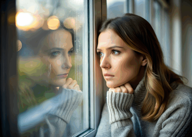sad woman with long hair looking out a window and feeling depressed