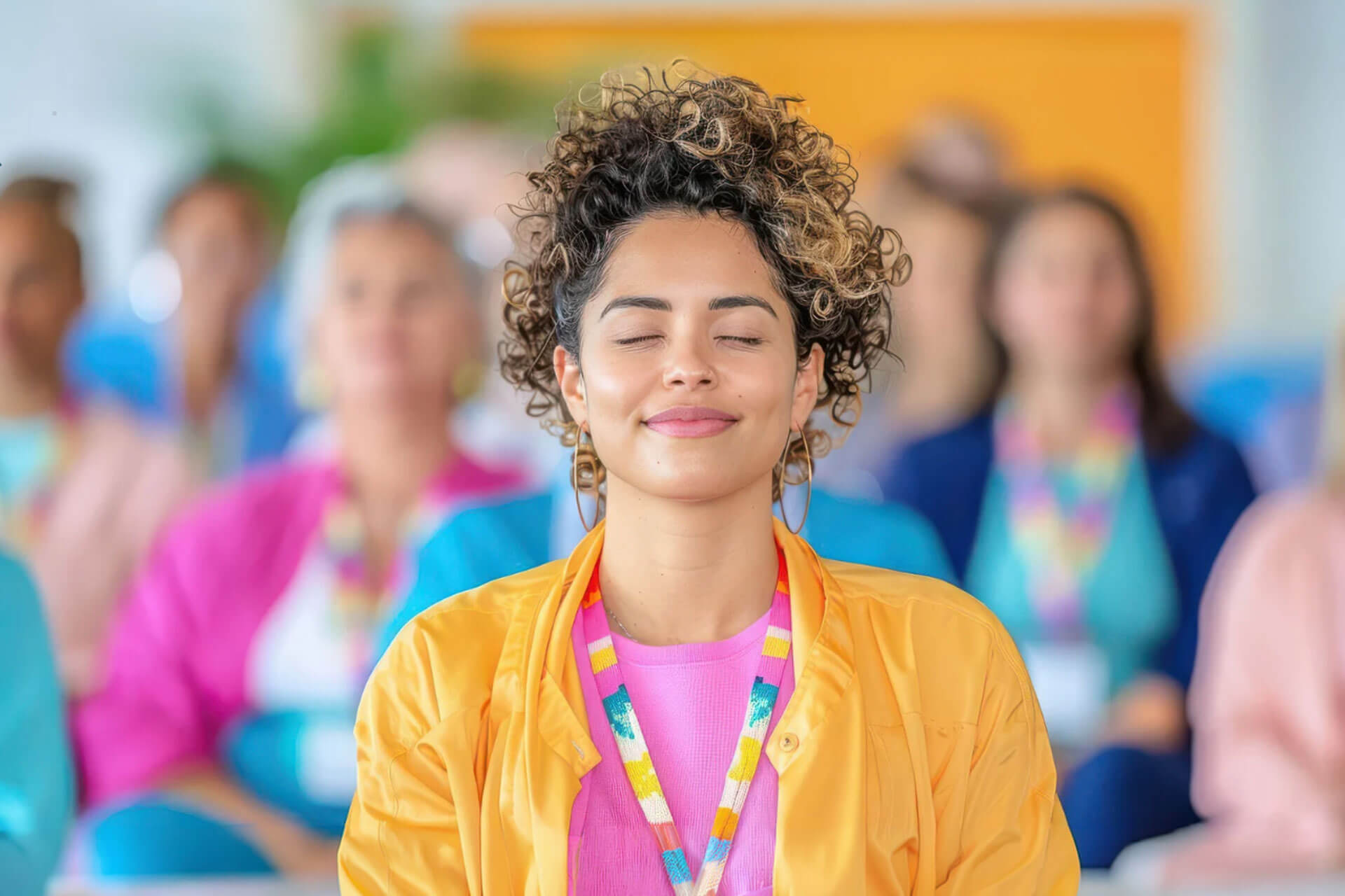 mental-health-treatment-options-in-lake-county-fl-a-guide-for-families A smiling woman in a yellow jacket and colorful lanyard closes her eyes with a blurred group behind her.
